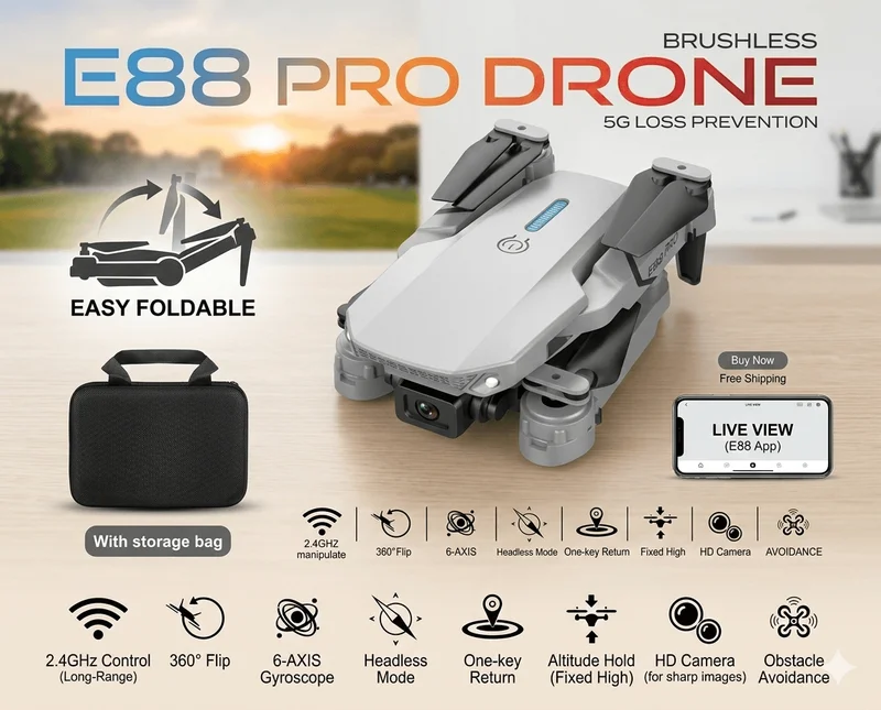 E88 Pro Brushless Foldable Drone – HD Camera, WiFi FPV, & Smart Obstacle Avoidance with Storage Bag